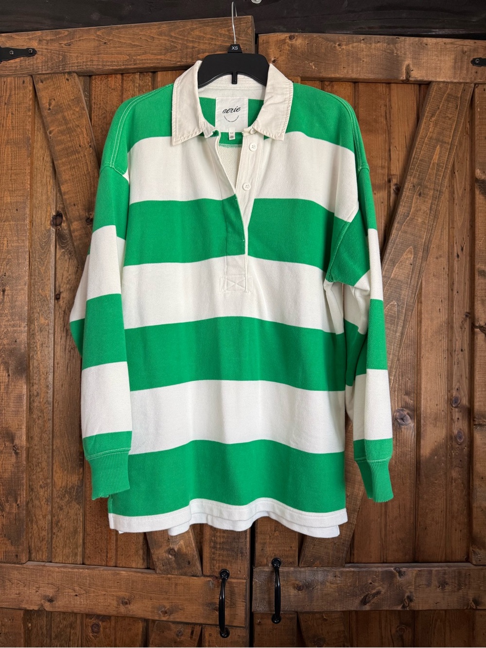 aerie White and Green Striped Rugby Shirt
